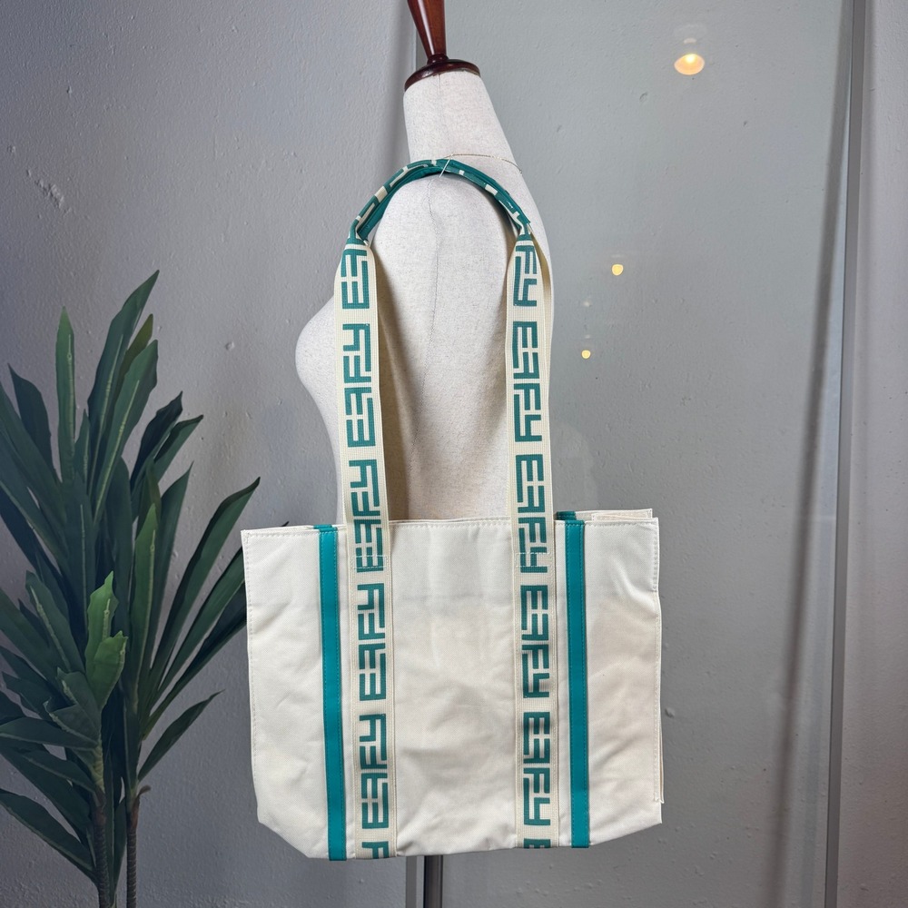 EFFY Canvas Beach Tote Bag Women Large Cream Teal NWOT Geometric Strap Sporty